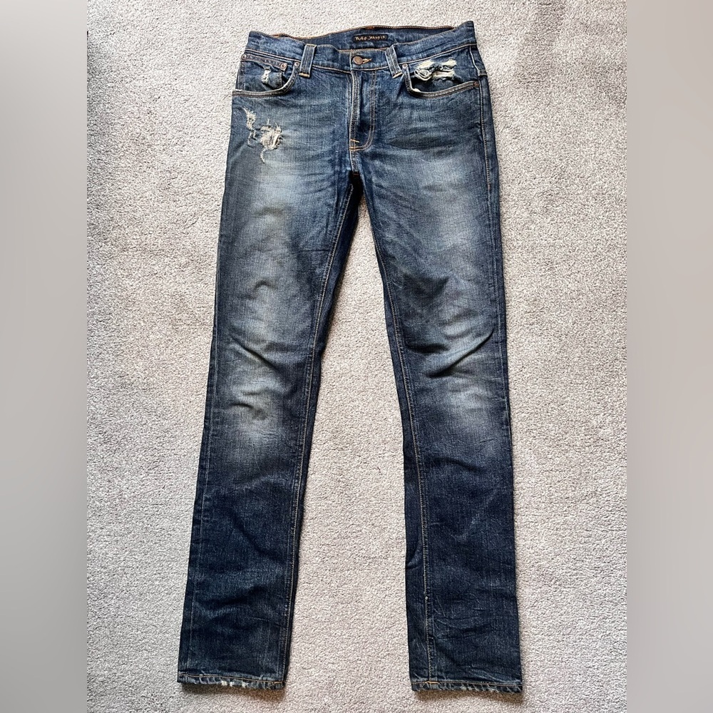 Men’s Nudie Jeans Thin Finn Size 32x34 Slim Distressed Jeans Dark Wash Like New